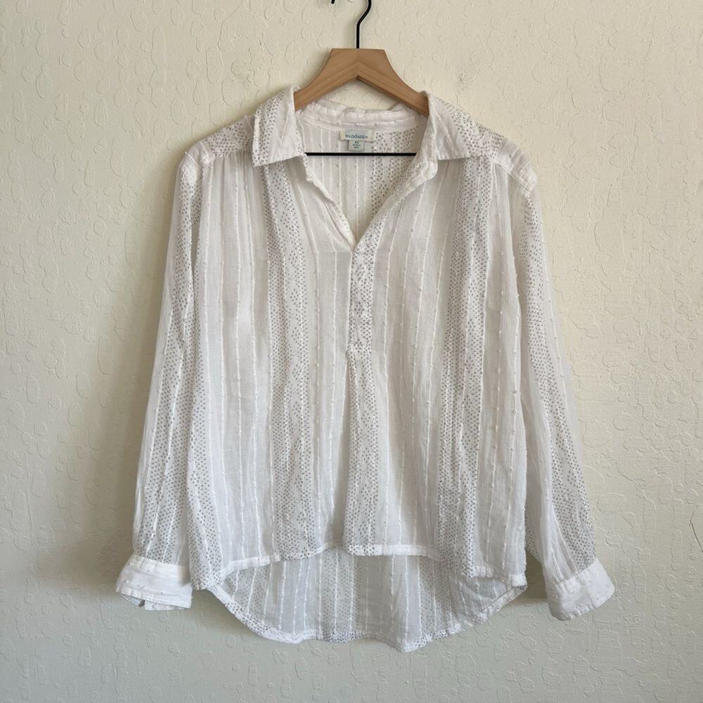 Sundance Oversized Swiss Dot Collared Semi-Sheer Popover Blouse Top XS White